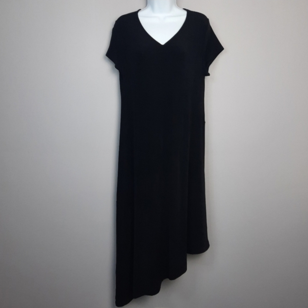 Elegant Black Asymmetrical Scoop Neck Dress 3/4 Sleeve Chico's US  Size 8/10.